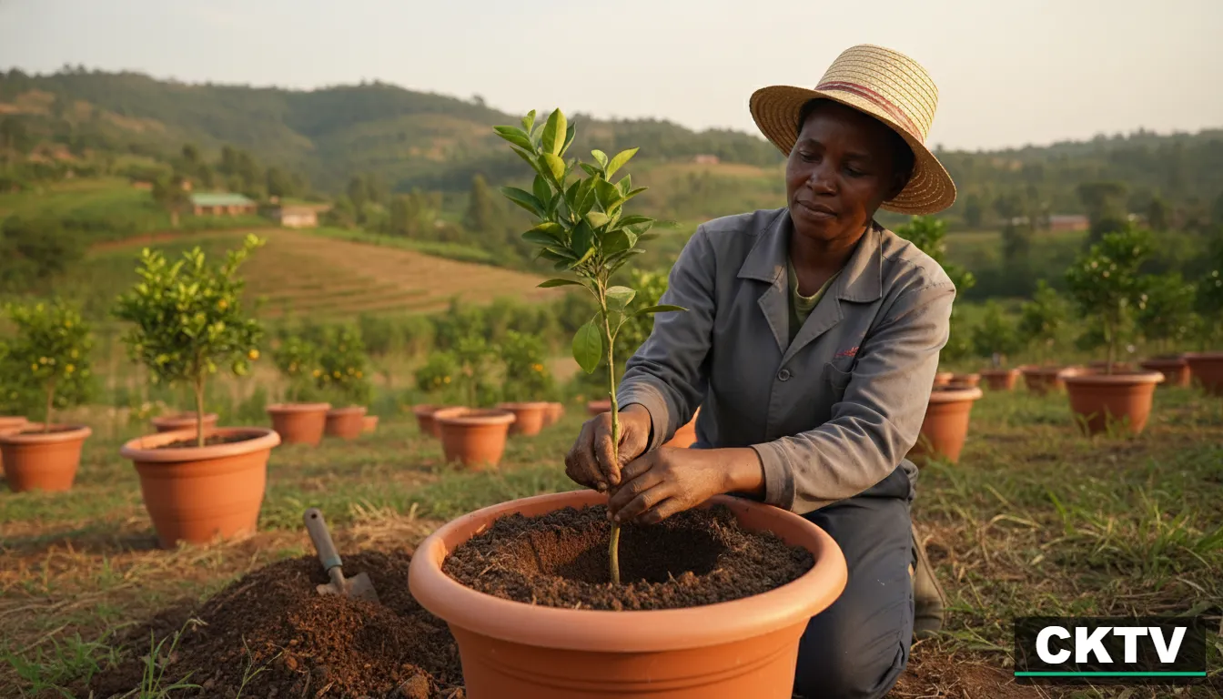 A person carefully planting a grafted orange seedling into a large pot