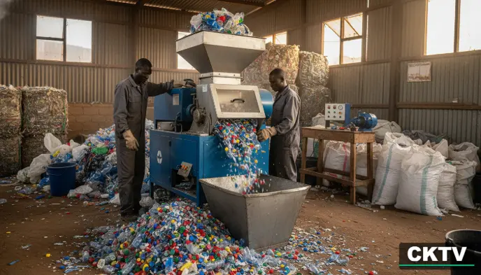 Two workers in an industrial facility operate a blue machine to shred colorful plastic bottles and caps for recycling.