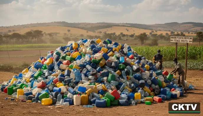 A large pile of colorful recycled plastic waste containers