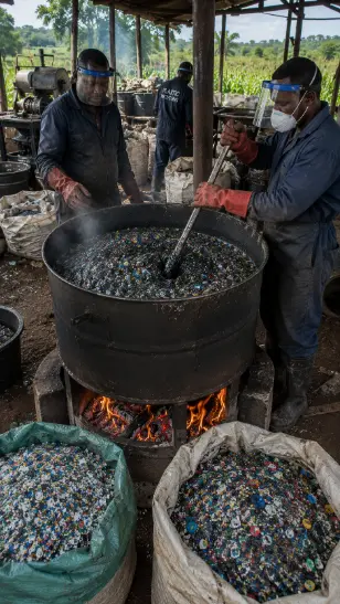 Two workers wearing protective face shields and gloves stir a large vat of melting plastic waste over an open fire at an outdoor recycling facility.