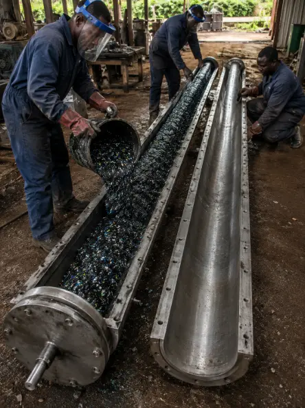 Workers wearing protective gear pour a mixture of shredded recycled plastic into a long industrial mold in a workshop.