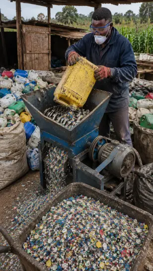 A man wearing protective gear feeds a yellow plastic container into a blue mechanical shredder that processes plastic waste into colorful flakes at a recycling site.