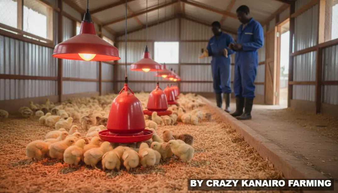 Day-old chicks drinking water from red automated drinkers under a glowing infrared heat lamp