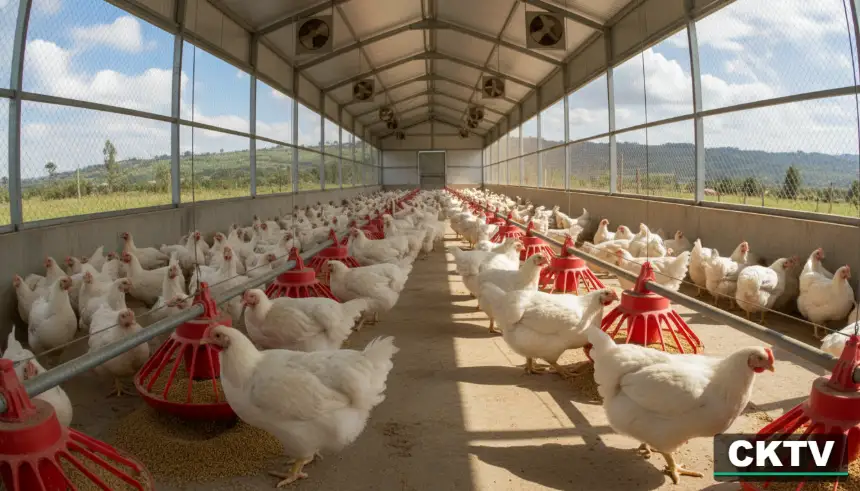 Best Chicken Feed in Kenya 2026 for Fast Growth & Egg Production 2 A wide-angle cinematic shot of a modern poultry house in Kiambu