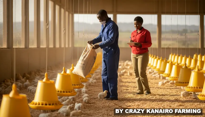 A farm worker pouring 50kg bags of commercial starter mash into yellow plastic tube feeders