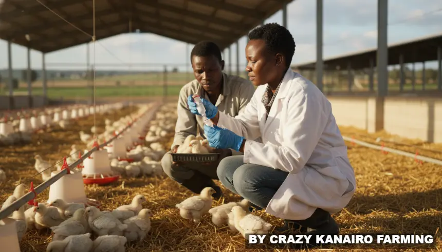 A farm veterinarian carefully administering eyedrop vaccines to young white broiler birds
