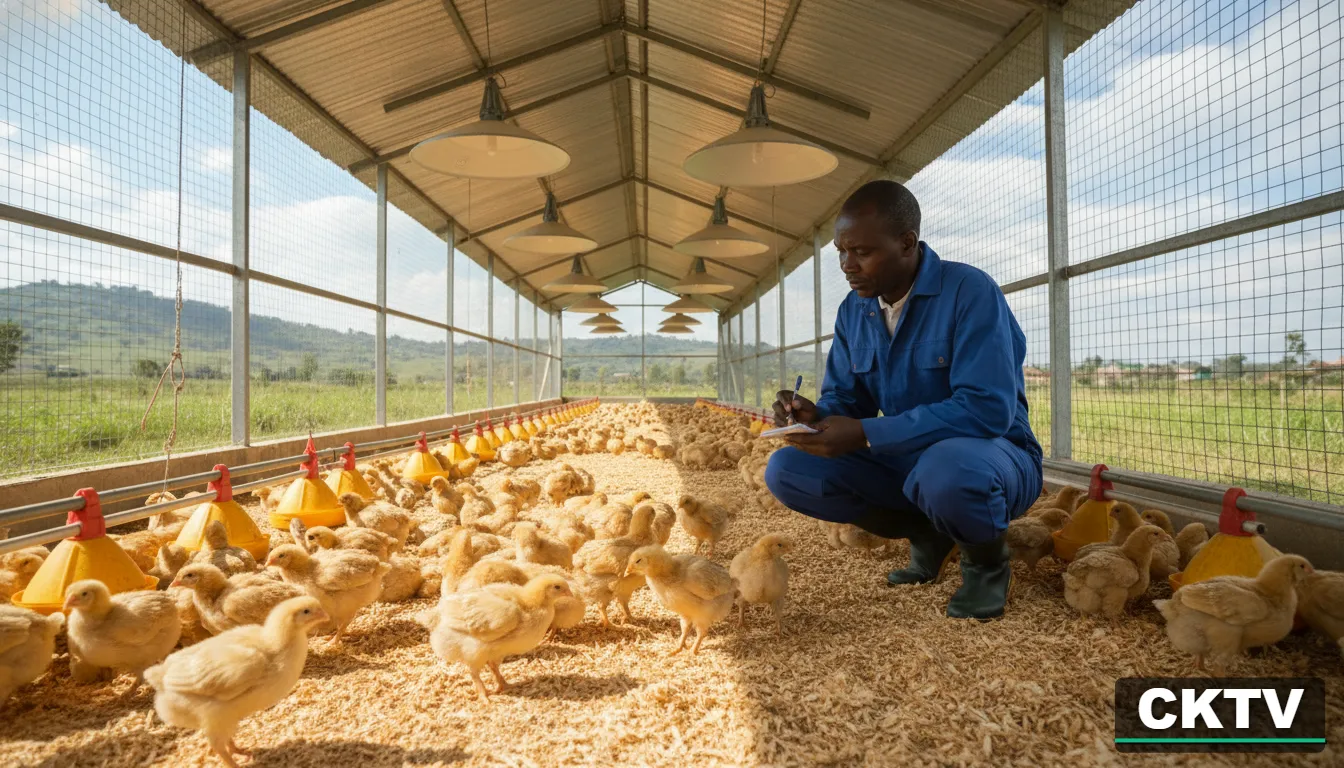 A man in a blue jumpsuit crouches in a large, well-lit poultry house, writing in a notebook while surrounded by dozens of young yellow chicks.