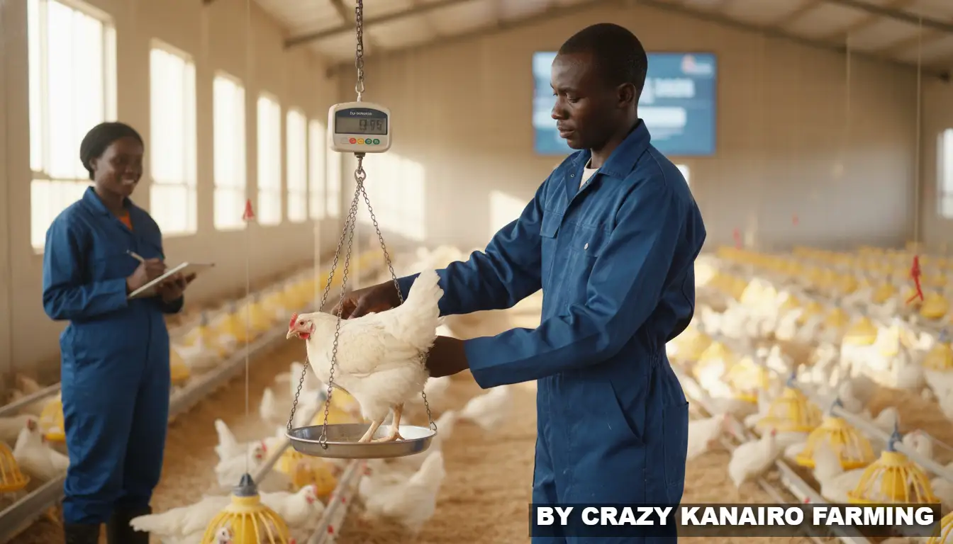 A farmer manually weighing a live white broiler chicken on a digital scale