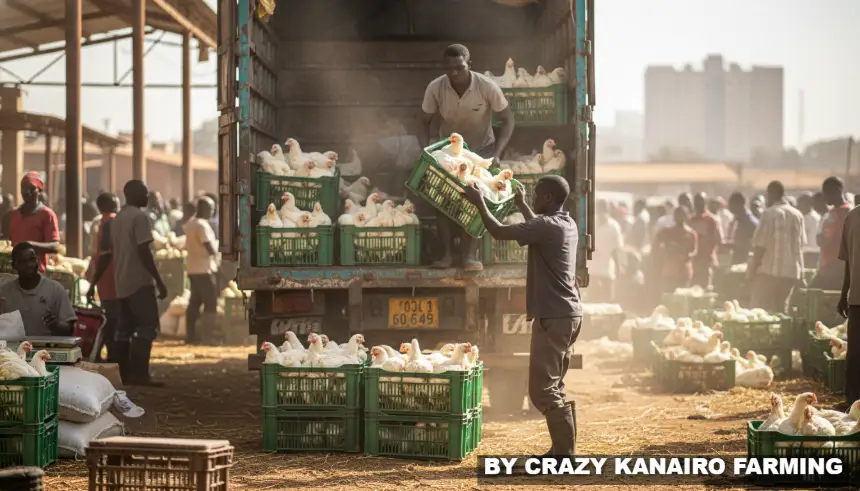 A local buyer loading green crates of fully grown white broiler chickens into a delivery truck