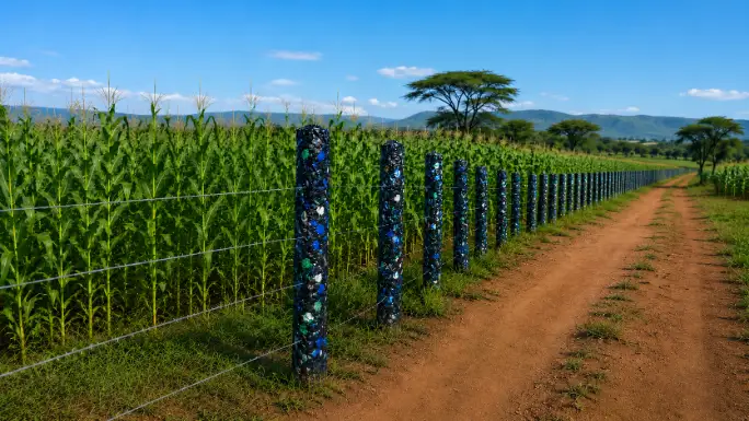 A wire fence with colorful recycled plastic posts borders a lush cornfield and a dirt path under a clear blue sky.
