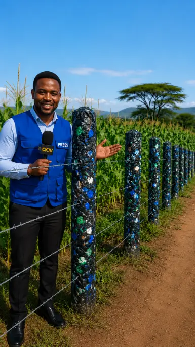 A reporter in a blue vest stands next to a cornfield, pointing at a fence post made from recycled plastic.
