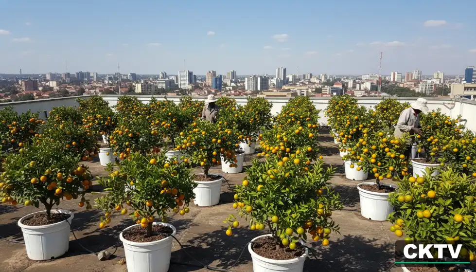 A high-density rooftop orchard featuring hundreds of heavy-fruiting dwarf orange trees in white 40-liter containers