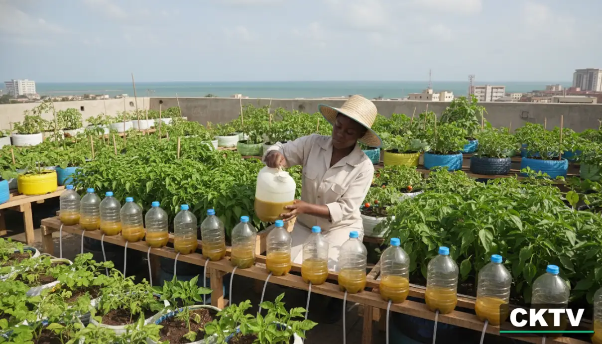 Kenyan rooftop urban farming setup using DIY bottle drip irrigation and recycled containers for vegetable production.