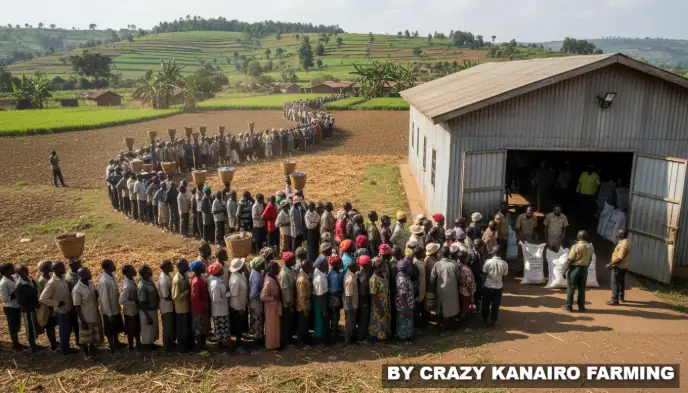 Why Fertilizer Prices Are Rising Again in Kenya (2026) and What Farmers Should Do Now 3 A long queue of local farmers waiting outside a government depot to collect subsidized bags of fertilizer