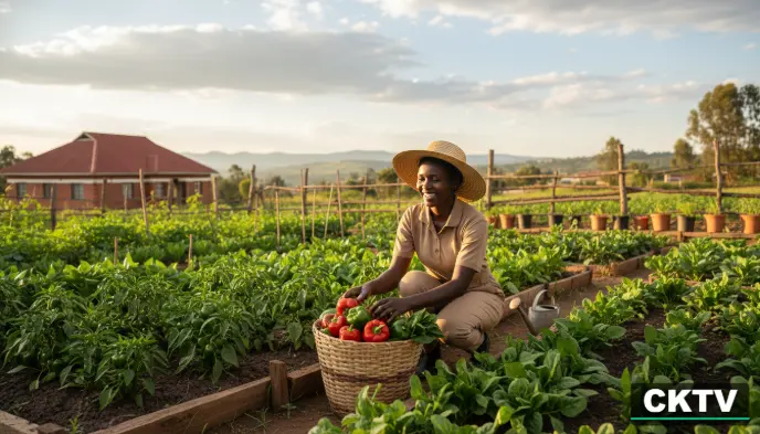 A cinematic wide-angle shot of a young Kenyan woman harvesting a basket full of fresh peppers and spinach from her tidy backyard garden