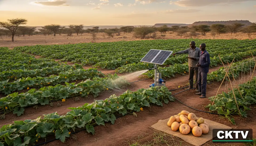 A modern solar-powered irrigation pump being used on a butternut farm in a semi-arid part of Machakos County