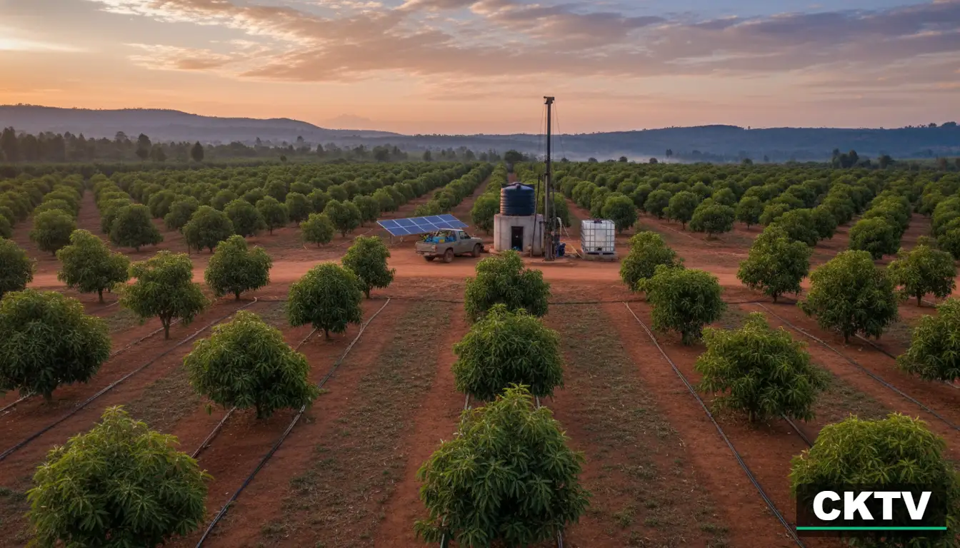 An expansive 10-acre field of Hass avocado trees with a modern drip irrigation system visible on the ground