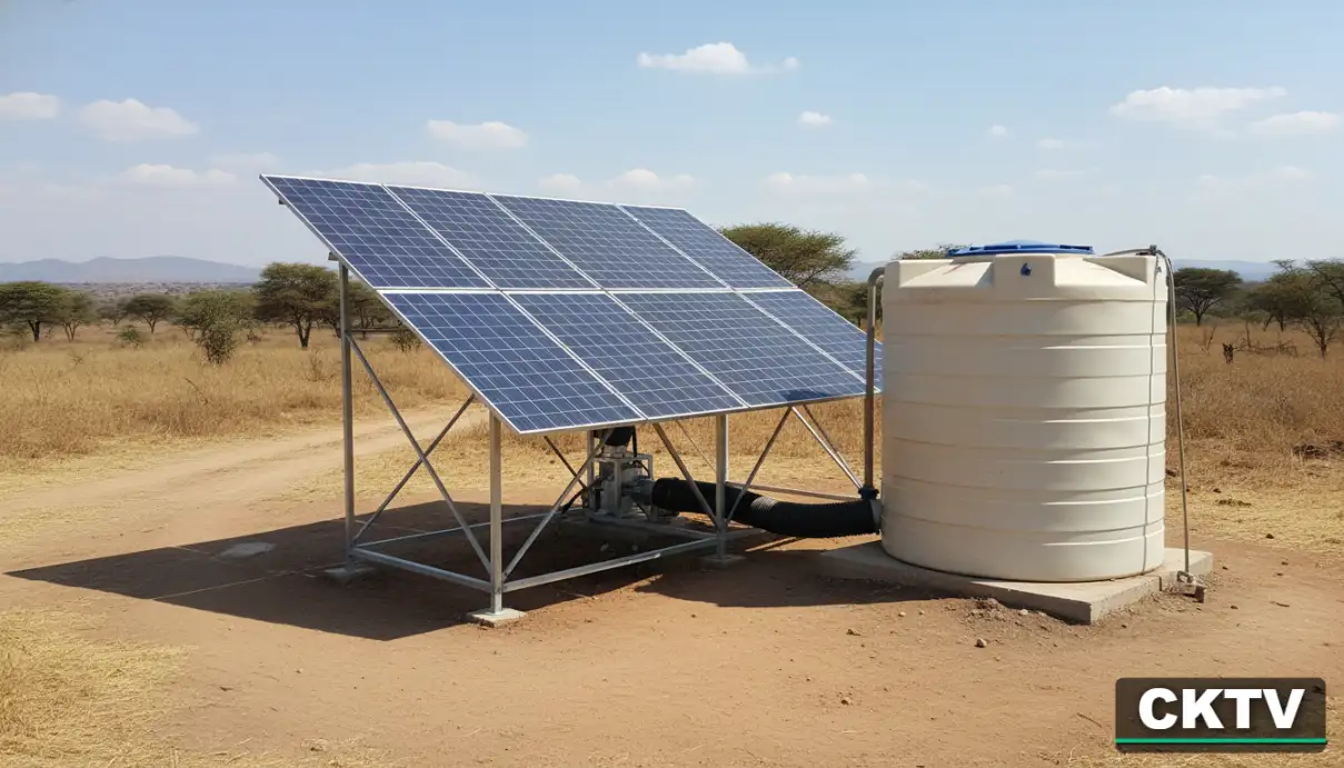A solar-powered borehole pump system featuring an array of blue photovoltaic panels on a galvanized steel stand next to a large plastic water tank
