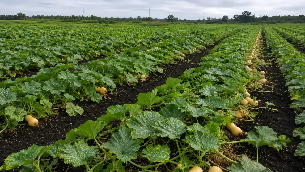 rows of butternut squashes sit on dark soil among lush green leafy vines in an expansive farm field under a cloudy sky.