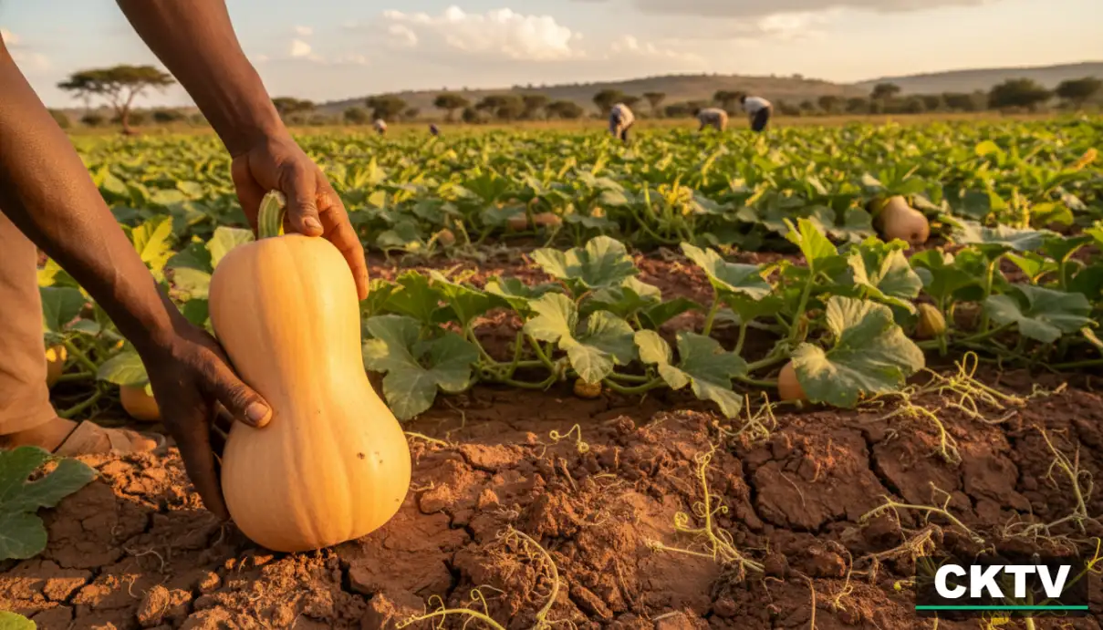 Close-up of a person's hands holding a large butternut squash in a sunlit field where other farmworkers are harvesting crops in the background.