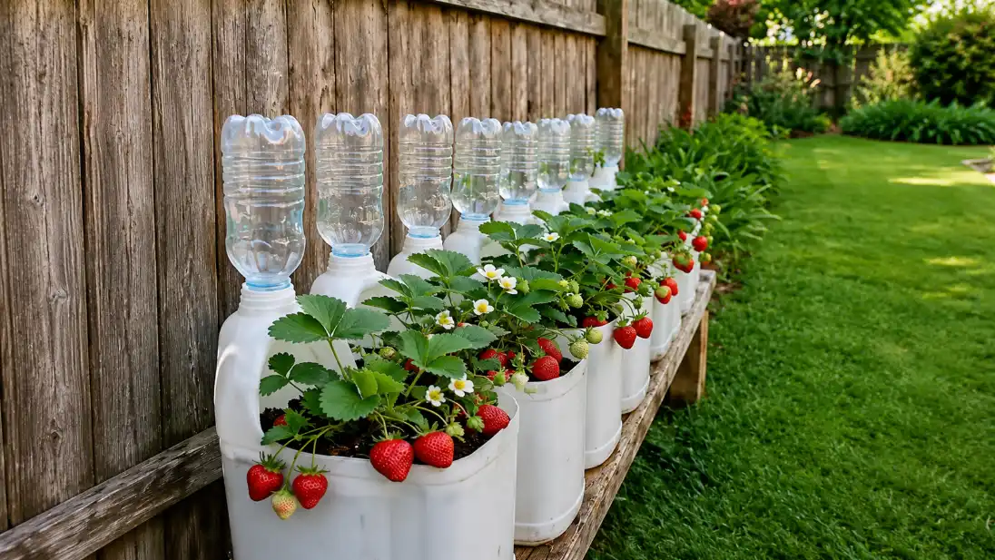 DIY bottle drip irrigation strawberry farming using recycled plastic containers in a small backyard garden setup.