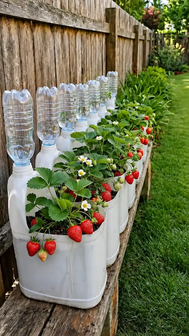 A row of strawberry plants grows in repurposed white plastic containers equipped with inverted water bottles for irrigation, set on a wooden bench against a fence.