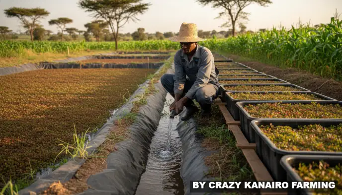 A farmer carefully adjusting the water level in a shallow lined trench using a hosepipe.