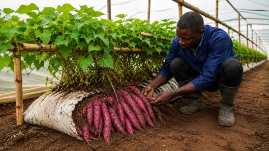 African farmer inspecting harvested sweet potatoes growing inside large sack beds under a greenhouse tunnel in Kenya, with healthy green vines and exposed tubers in a modern sack farming system.