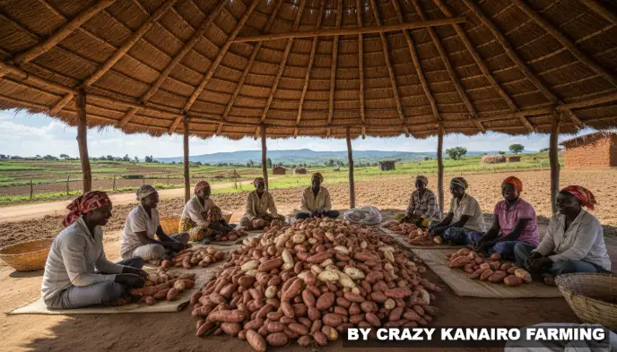 Workers sorting freshly harvested sweet potatoes into different grades under a thatched shade