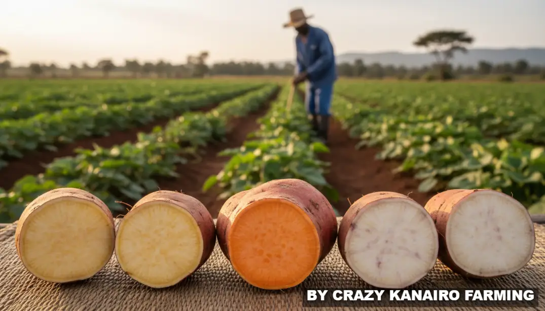 A close-up view of three distinct sweet potato varieties showing orange