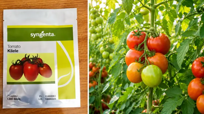 Anna F1 hybrid tomato seed packet displayed beside healthy greenhouse tomato plants growing under drip irrigation in Kenya.