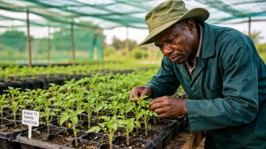 Young tomato seedlings growing in nursery trays as a Kenyan farmer inspects healthy plants inside a greenhouse in Kenya.