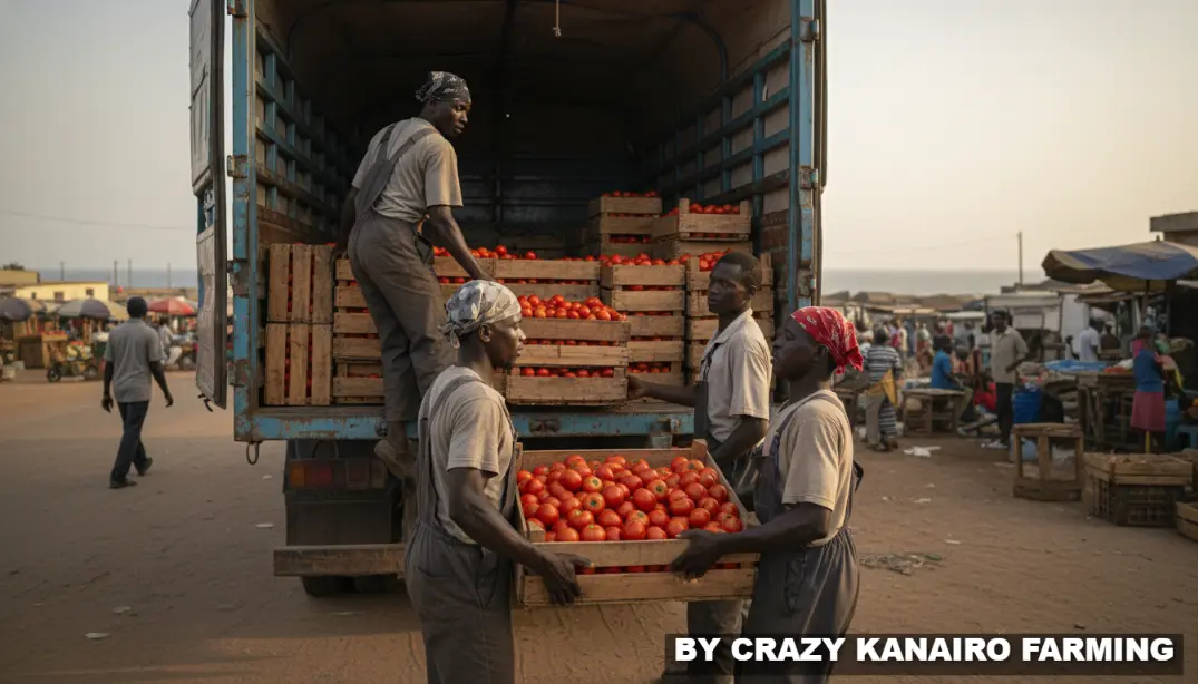 Kenyan traders actively loading wooden crates of highly fresh red ripe tomatoes directly into a transport truck in Mombasa.