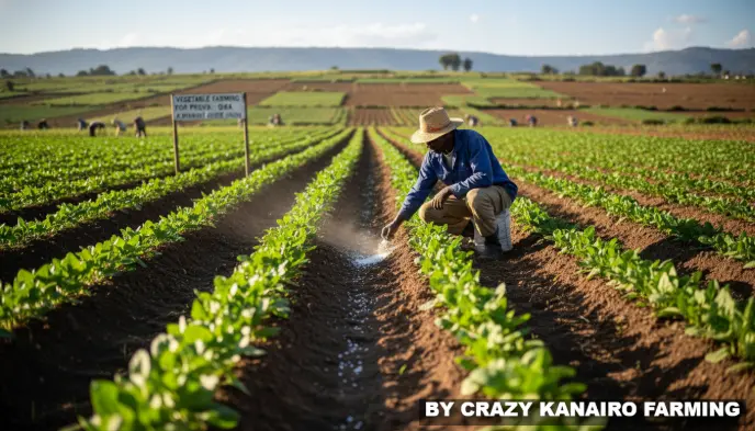 A Kenyan farmer applying subsidized fertilizer to neat rows of young vegetable seedlings on a sunny day