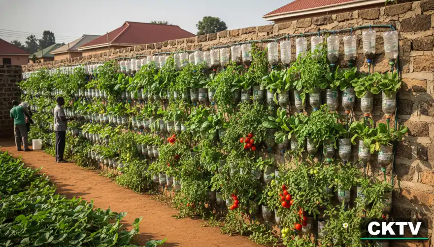 A vertical garden made of recycled plastic bottles filled with various plants like tomatoes and leafy greens covers a long brick wall as two people work in the background.