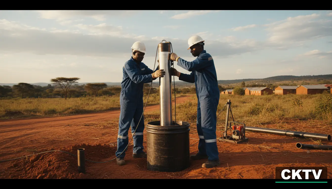 A close-up shot of a 5-horsepower stainless steel submersible borehole pump being lowered into a borehole casing by two technicians
Download Asset