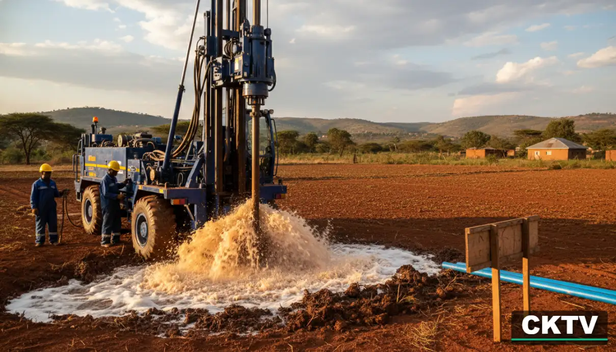 A heavy-duty hydraulic borehole drilling rig in operation on a red-soil farm