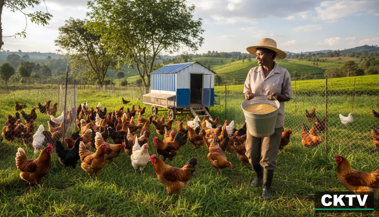 A high-contrast cinematic shot of a colorful flock of Improved Kienyeji chickens (Rainbow Rooster and Sasso) roaming in a fenced green pasture with a mobile coop in the background