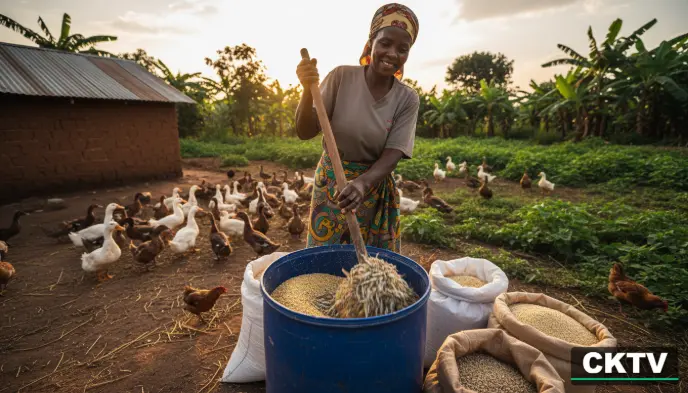 Duck Farming in Kenya 2026: Costs, Feeding & Profits guide 8 A farmer mixing homemade duck feed using maize germ and omena in a large plastic drum.
