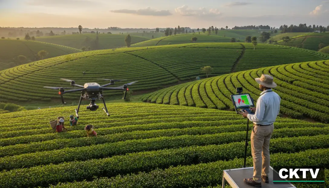 Best Agriculture Courses and Jobs in Kenya: Agribusiness Career Guide 2026 6 A man operates a drone to monitor vast, terraced green tea plantations as agricultural workers harvest in the fields during the golden hour.