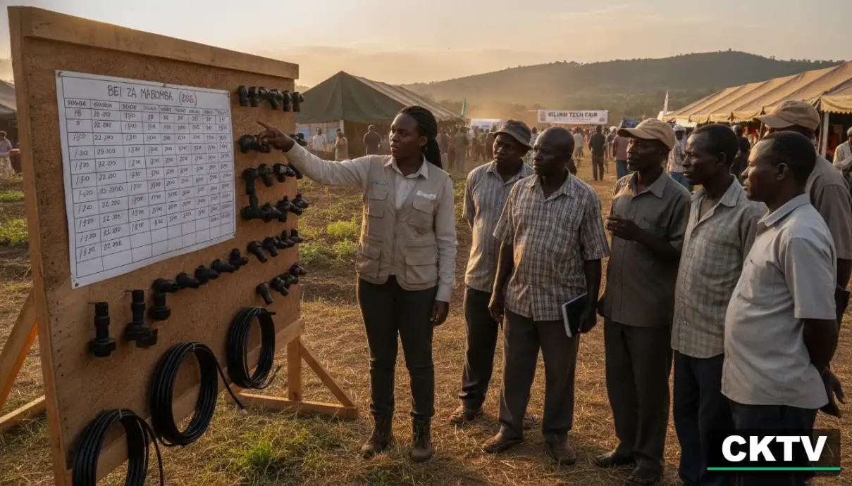 A Kenyan agronomist pointing at a price list and a display of irrigation fittings at a local trade fair in Eldoret