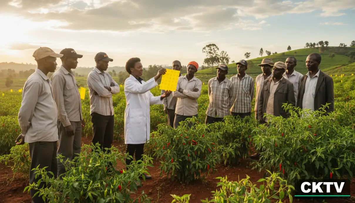 A Kenyan agricultural officer in a lab coat demonstrating the use of yellow sticky traps to a group of farmers in a chilli field