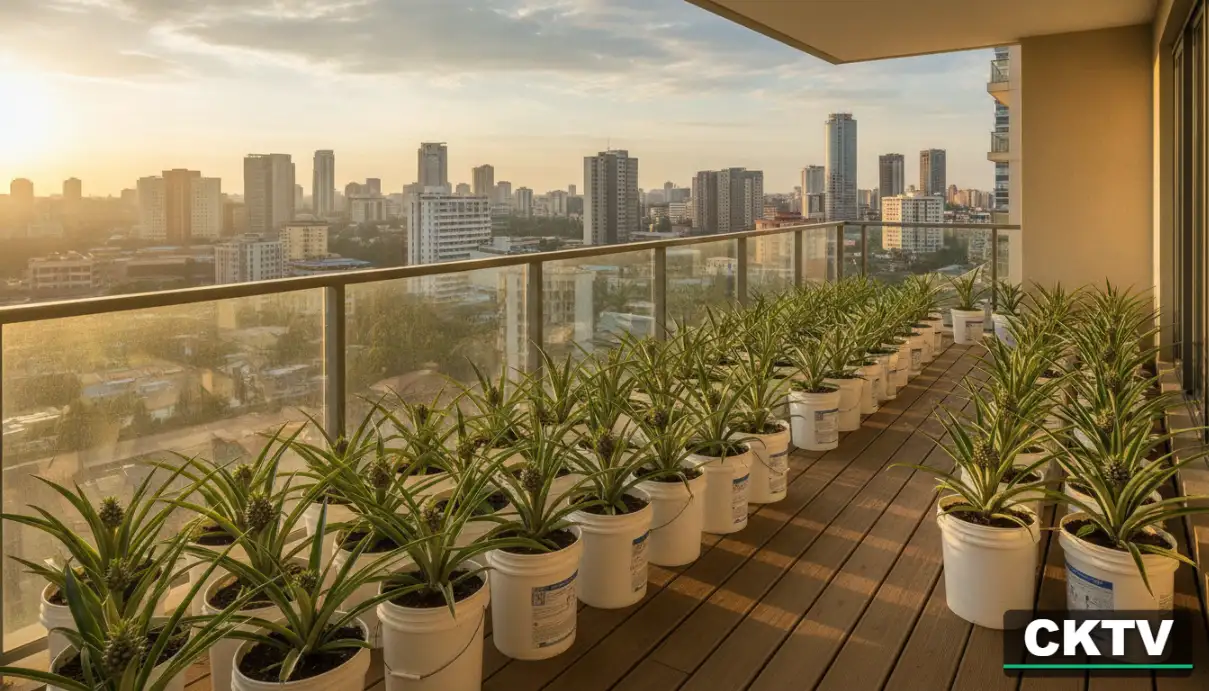 A cinematic wide angle view of a balcony garden in a Nairobi apartment