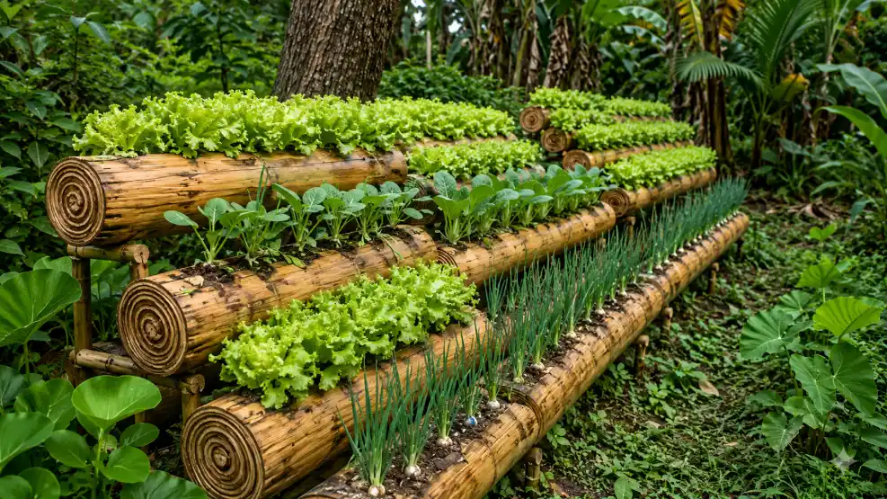 Rows of vibrant green vegetables and herbs grow within hollowed-in banana stems  arranged in a tiered, sustainable garden system amidst a lush forest.