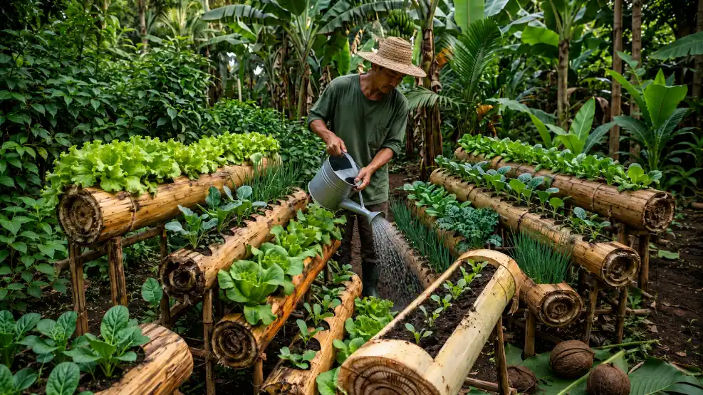 African farmer watering vegetables in multi-tier banana stem planters in a lush tropical garden.