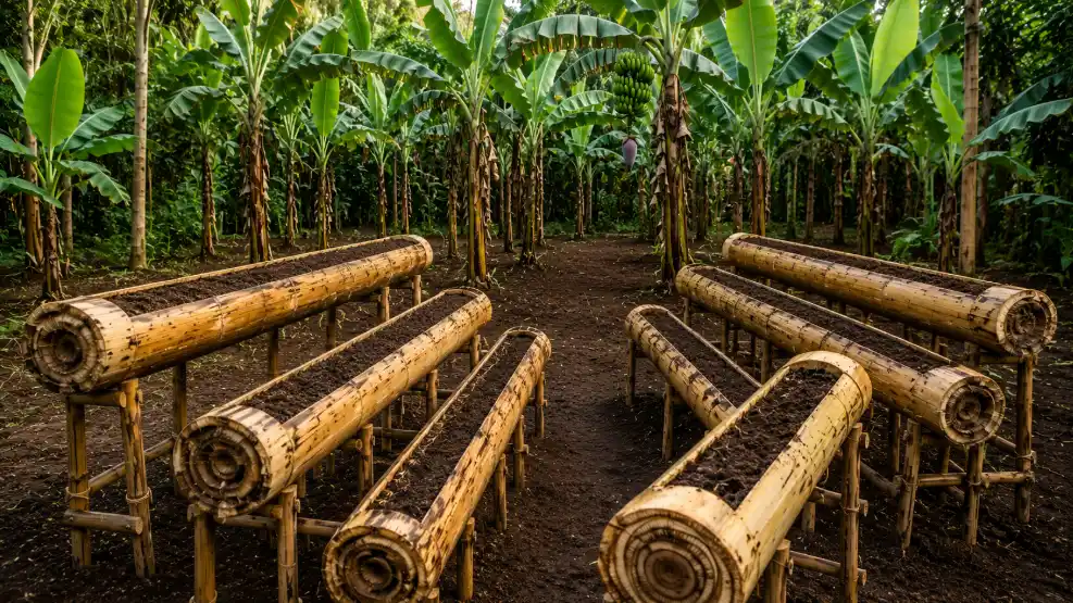 Hollowed banana stems filled with soil and raised on stands are arranged as garden beds in a clearing surrounded by lush banana trees.