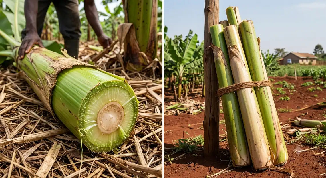 A split-screen image showing a freshly cut banana pseudostem on a bed of dry leaves on the left, and several bundled stalks leaning against a wooden post in a field on the right.