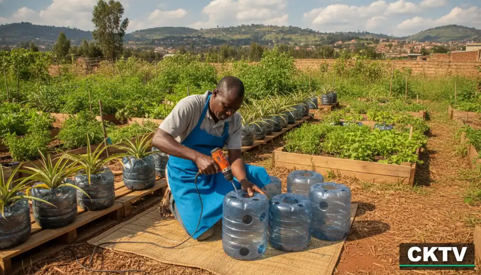 A middle aged Kenyan man in a bright blue apron preparing recycled 20 liter plastic buckets by drilling drainage holes at the bottom