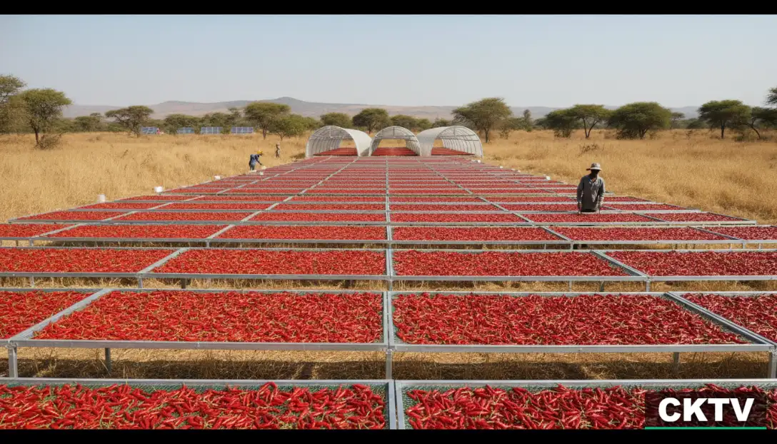 A wide-angle cinematic shot of a modern solar-drying facility with rows of raised beds covered in deep red chillies