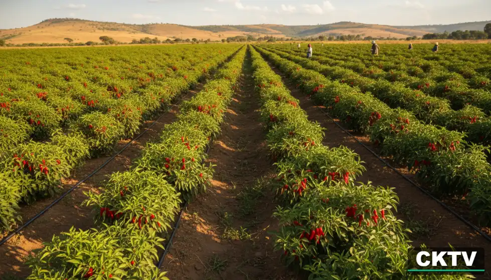 A high-resolution cinematic view of a vast chilli plantation featuring rows of vibrant red Bird's Eye chillies under a drip irrigation system